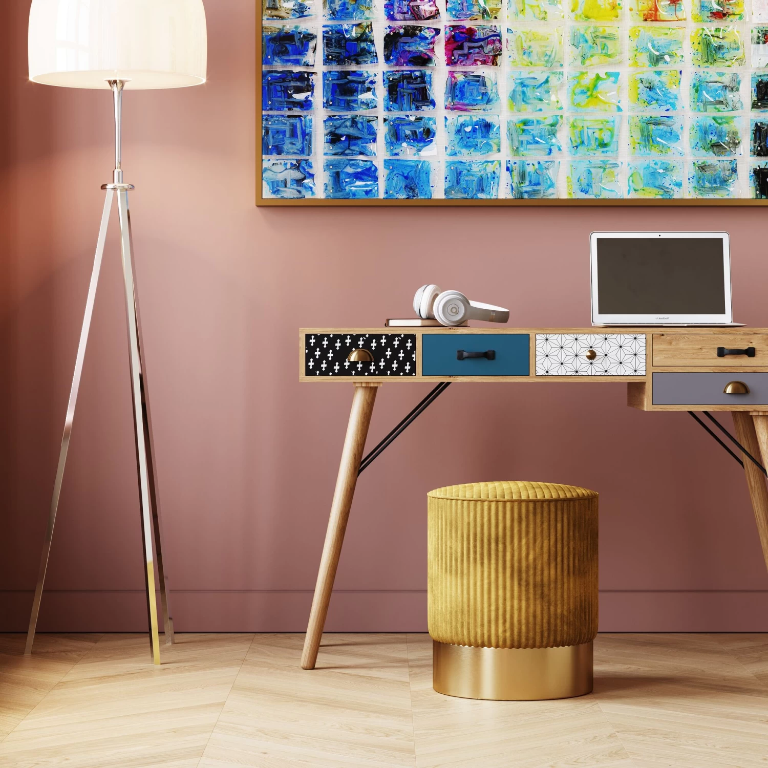 Hocker Cherry Gelb Cord Brass Ø35cm 3 Hocker Cherry Gelb Cord Brass Ø35cm